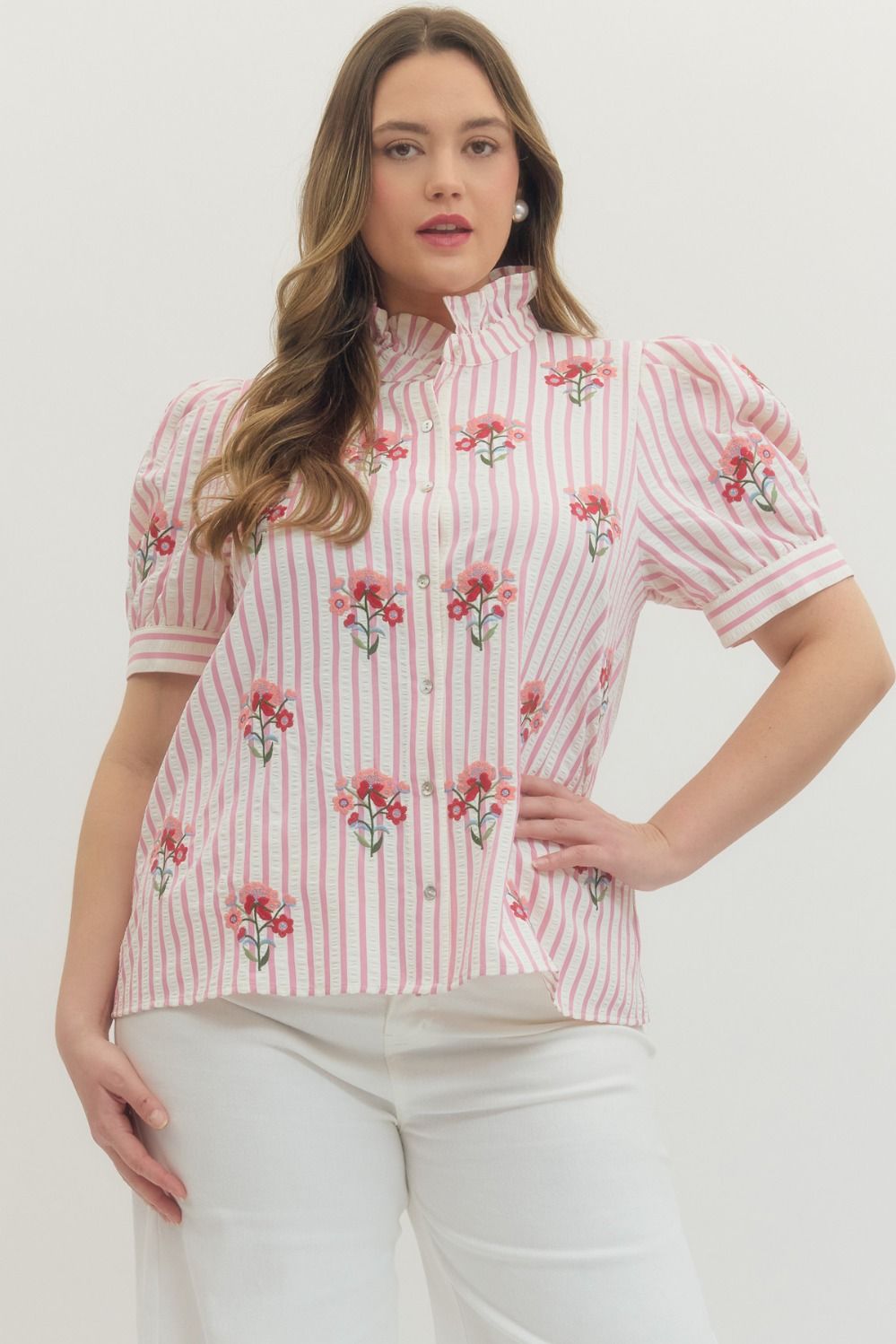 Entro Striped Short Sleeve Top With Floral Embroidery In Pink PLUS Sizes