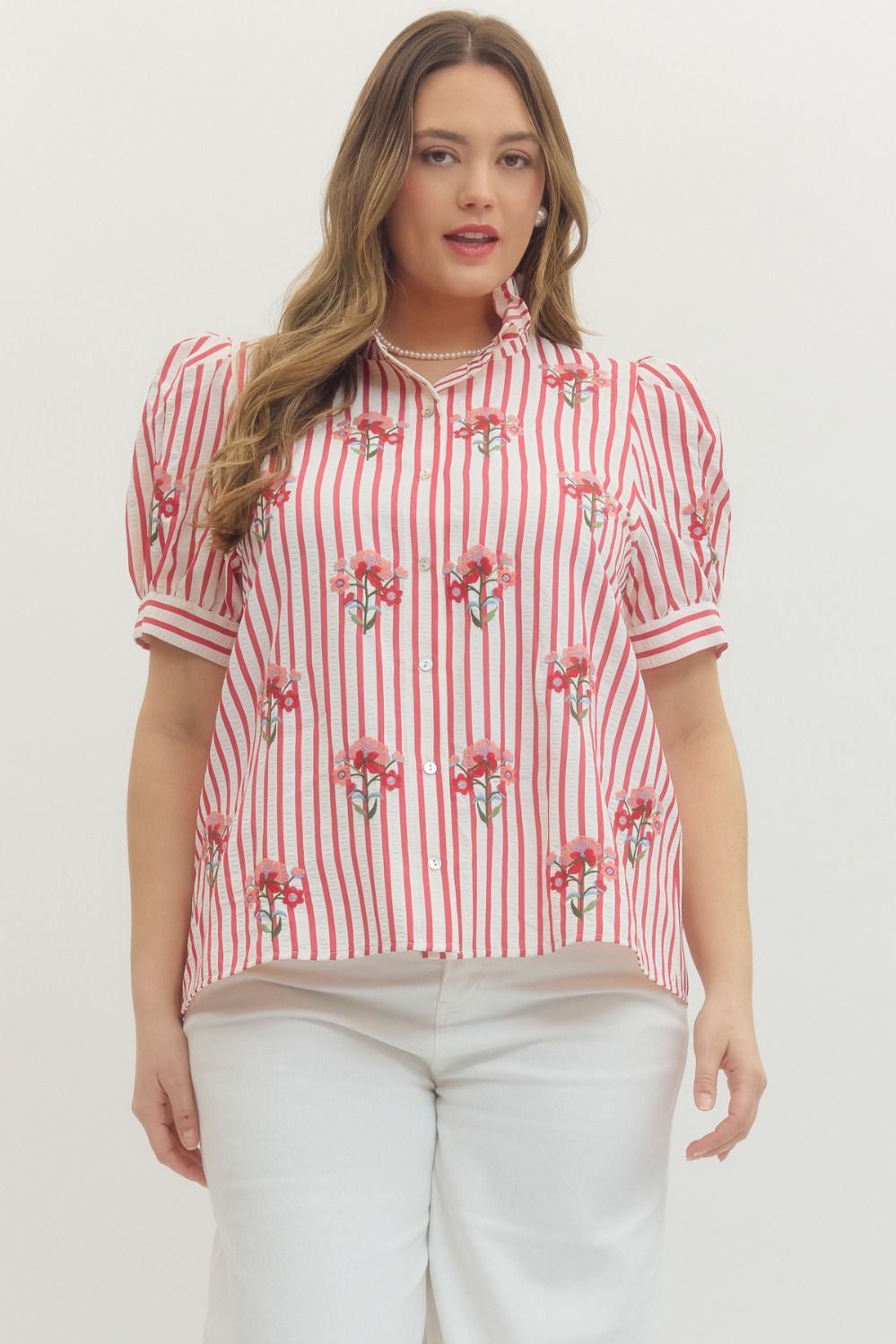 Entro Striped Short Sleeve Top With Floral Embroidery In Red PLUS Sizes