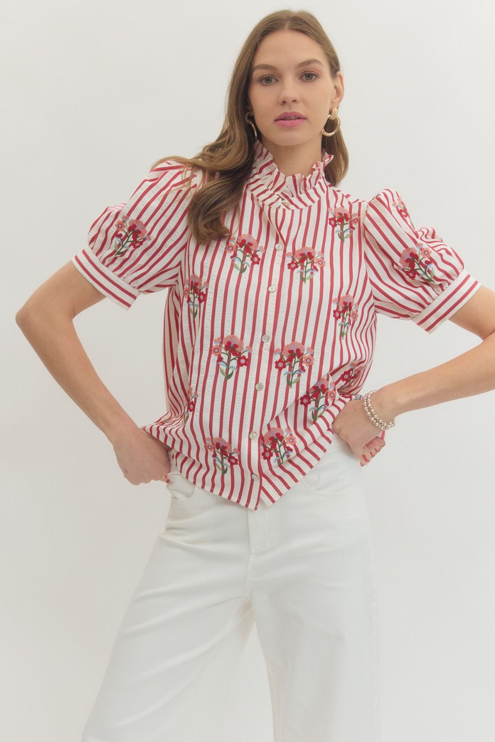 ENTRO Striped Short Sleeve Top With Floral Embroidery In Red