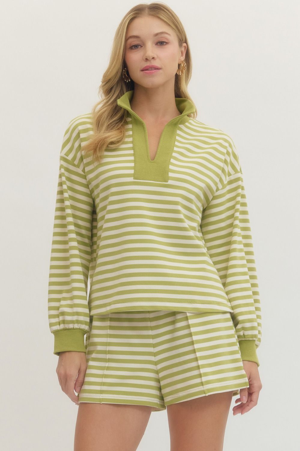 Entro Striped Long Sleeve Knit Top With Contrast Collar In Matcha *FINAL SALE*