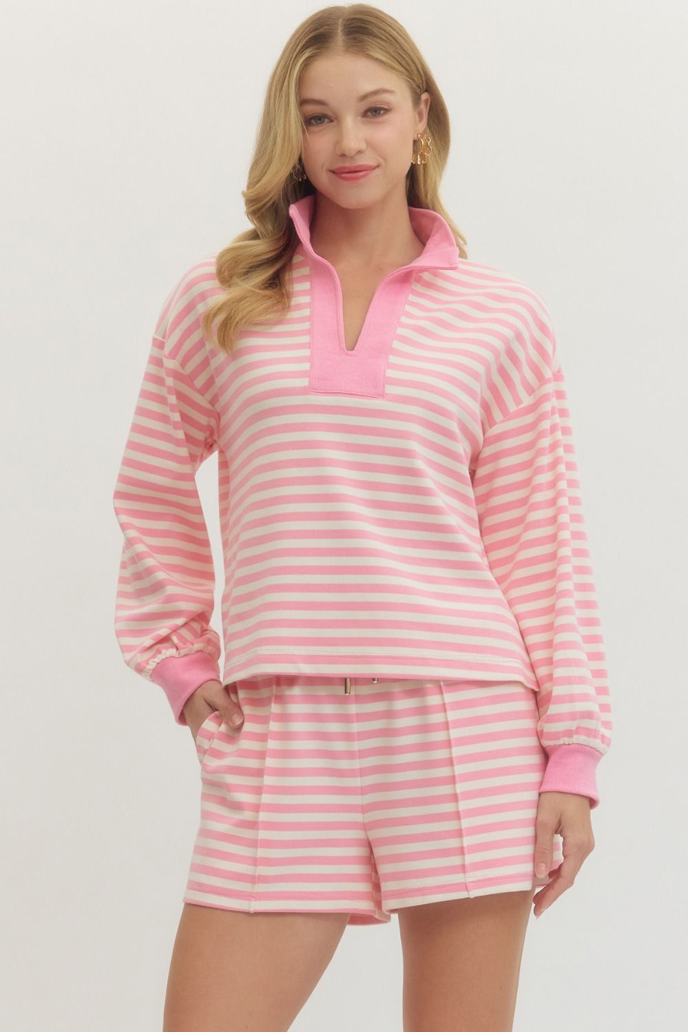 Entro Striped Long Sleeve Knit Top With Contrast Collar In Pink *FINAL SALE*