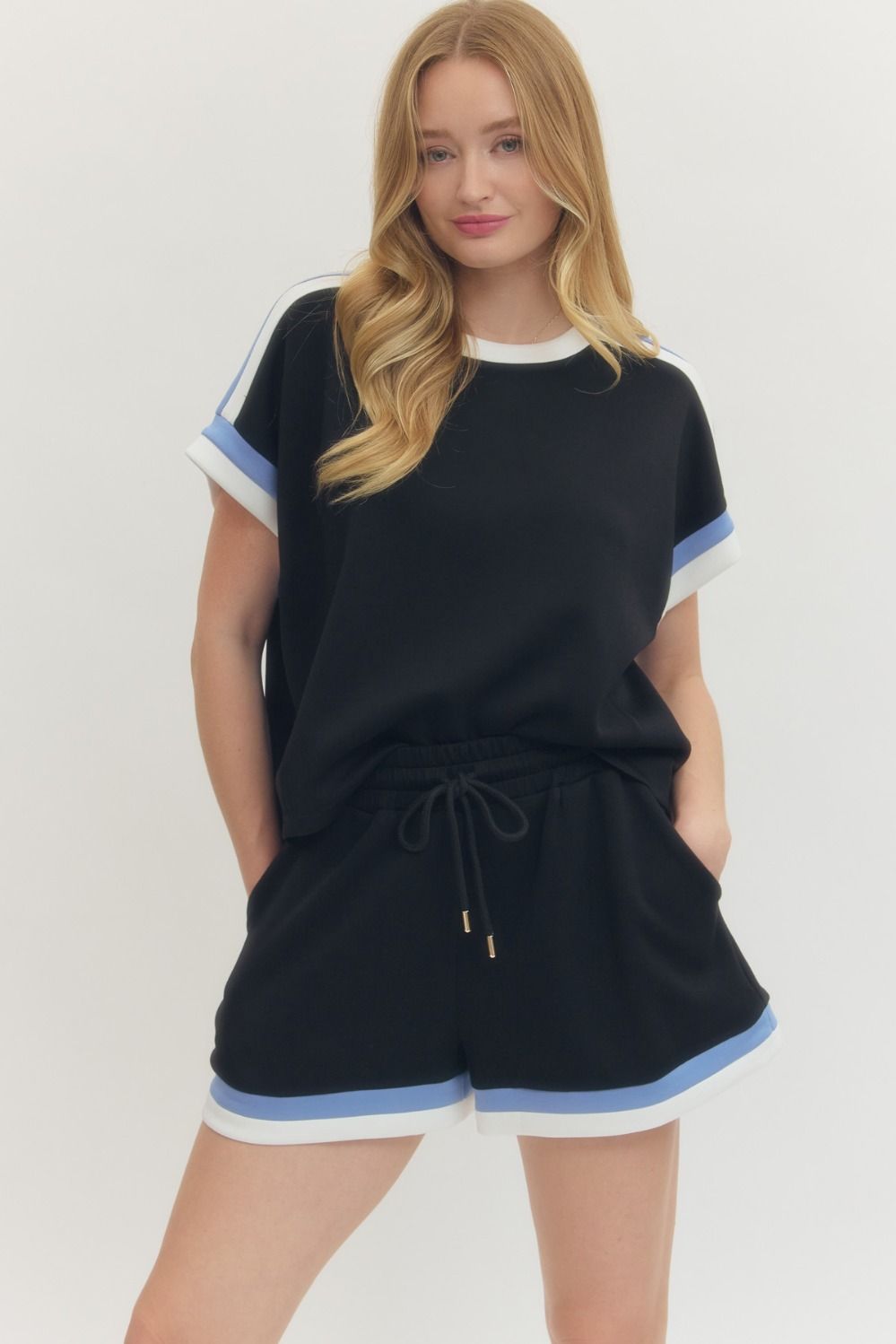 Entro Solid Luxeknit Top With Contrast Trim In Black