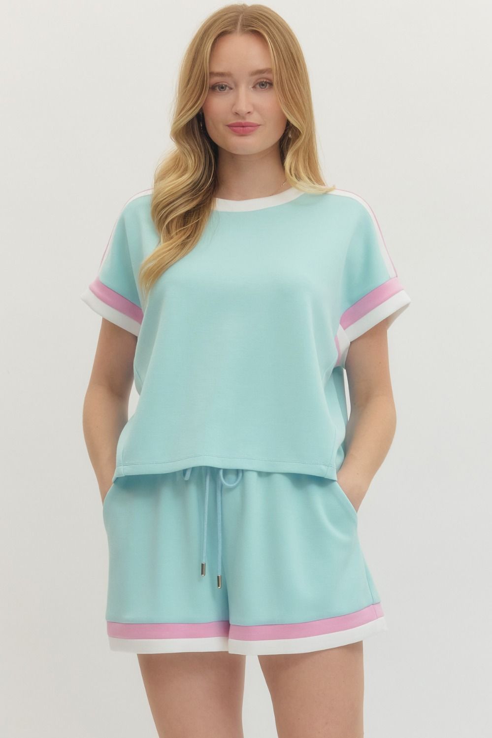 Entro Solid Luxeknit Top With Contrast Trim In Light Blue