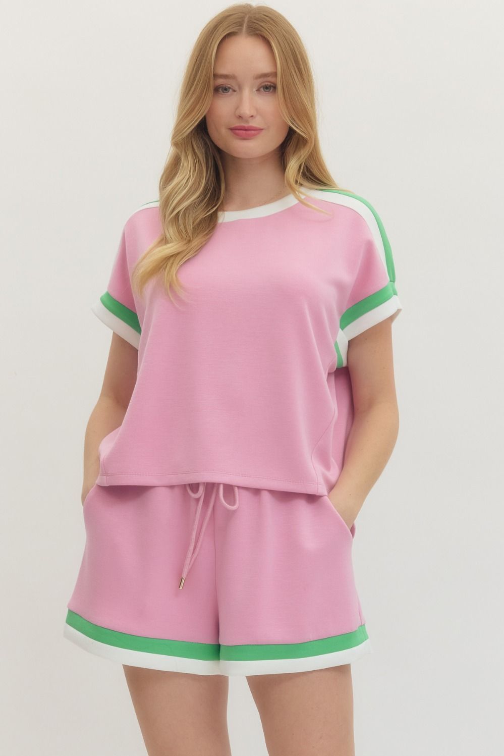 Entro Solid Luxeknit Top With Contrast Trim In Pink