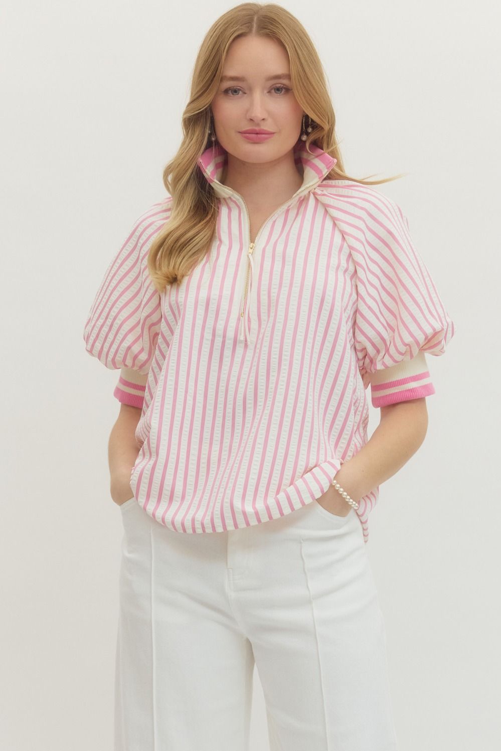 Entro Striped Short Puff Sleeve Top In Baby Pink