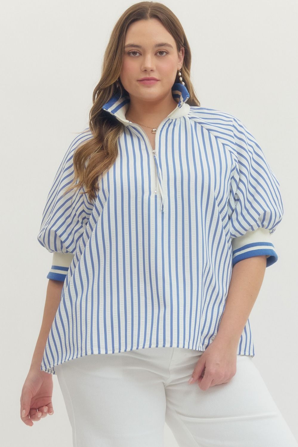 Entro Striped Short Puff Sleeve Top In Blue PLUS Size