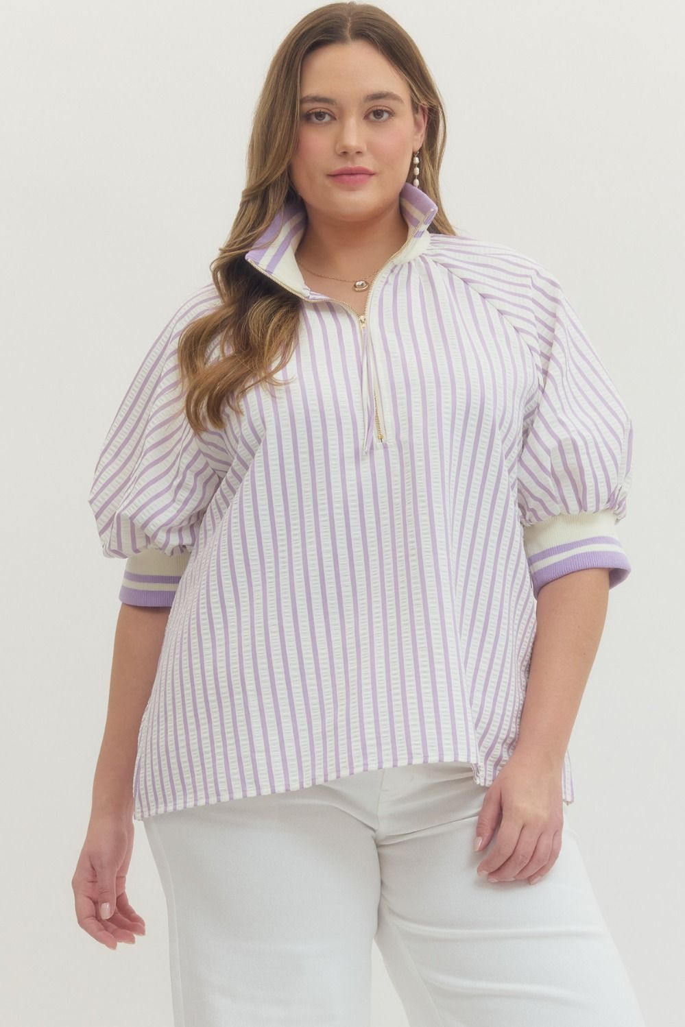 Entro Striped Short Puff Sleeve Top In Lavender PLUS Size