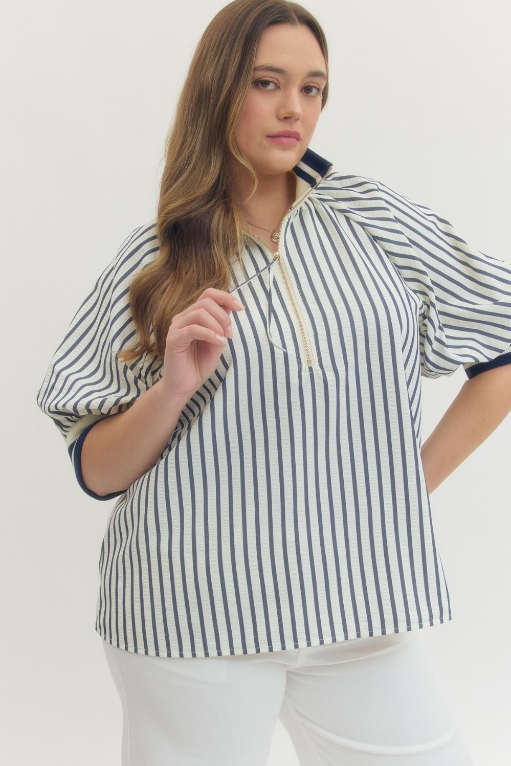 Entro Striped Short Puff Sleeve Top In Navy PLUS Size