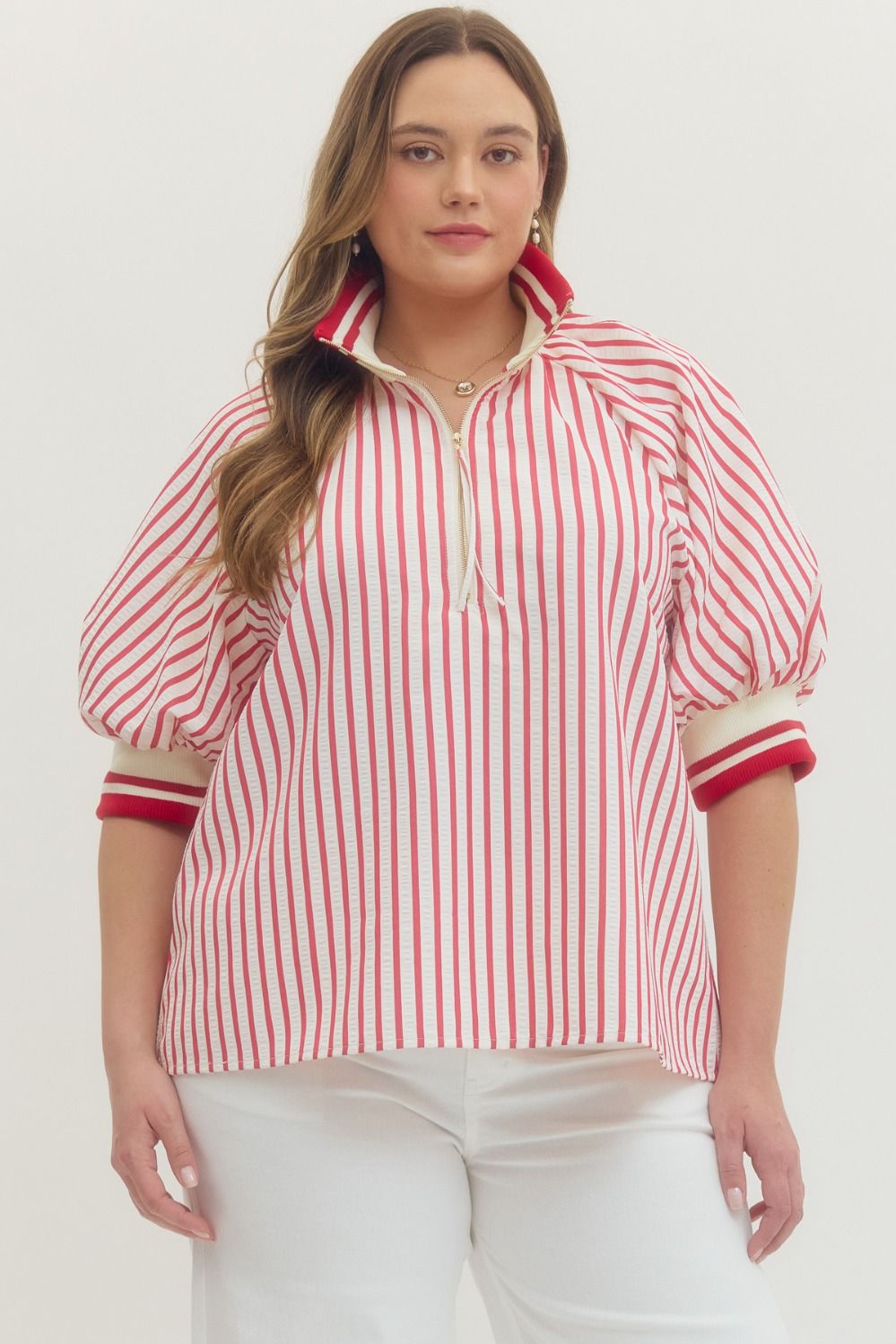 Entro Striped Short Puff Sleeve Top In Red PLUS Size
