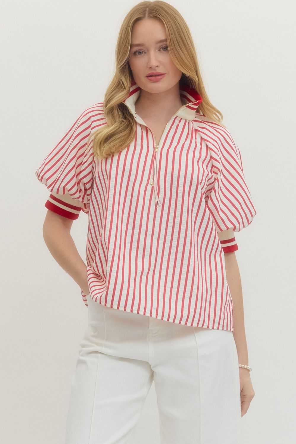 Entro Striped Short Puff Sleeve Top In Red