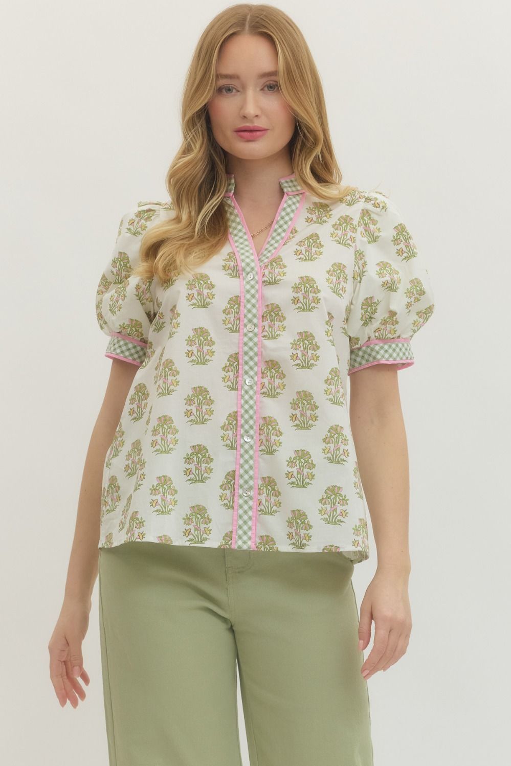 Entro Floral Puff Sleeve Top With Gingham Binding In Cream
