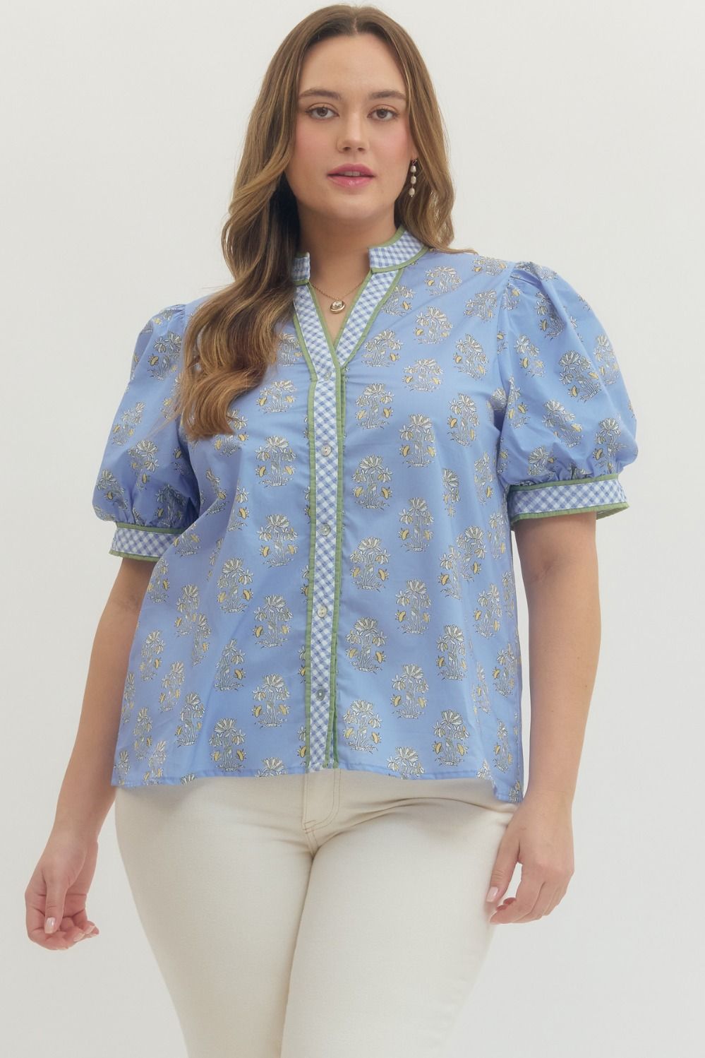 Entro Floral Print Puff Sleeve Top With Gingham Trim In Blue PLUS Size