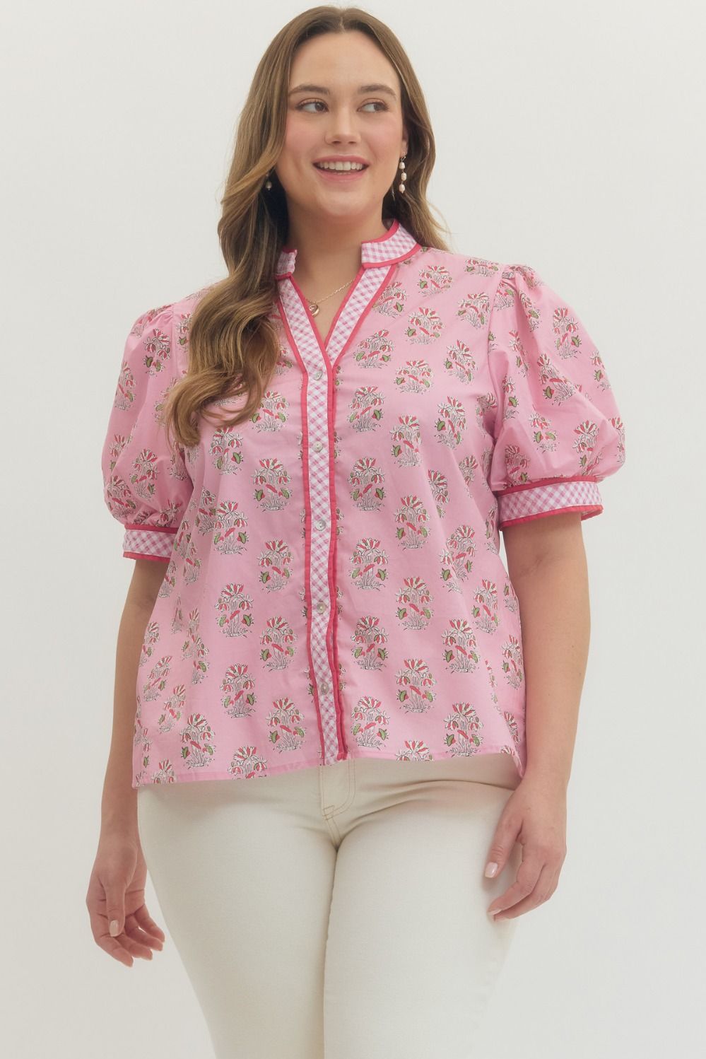 Entro Floral Print Puff Sleeve Top With Gingham Trim In Pink PLUS Size