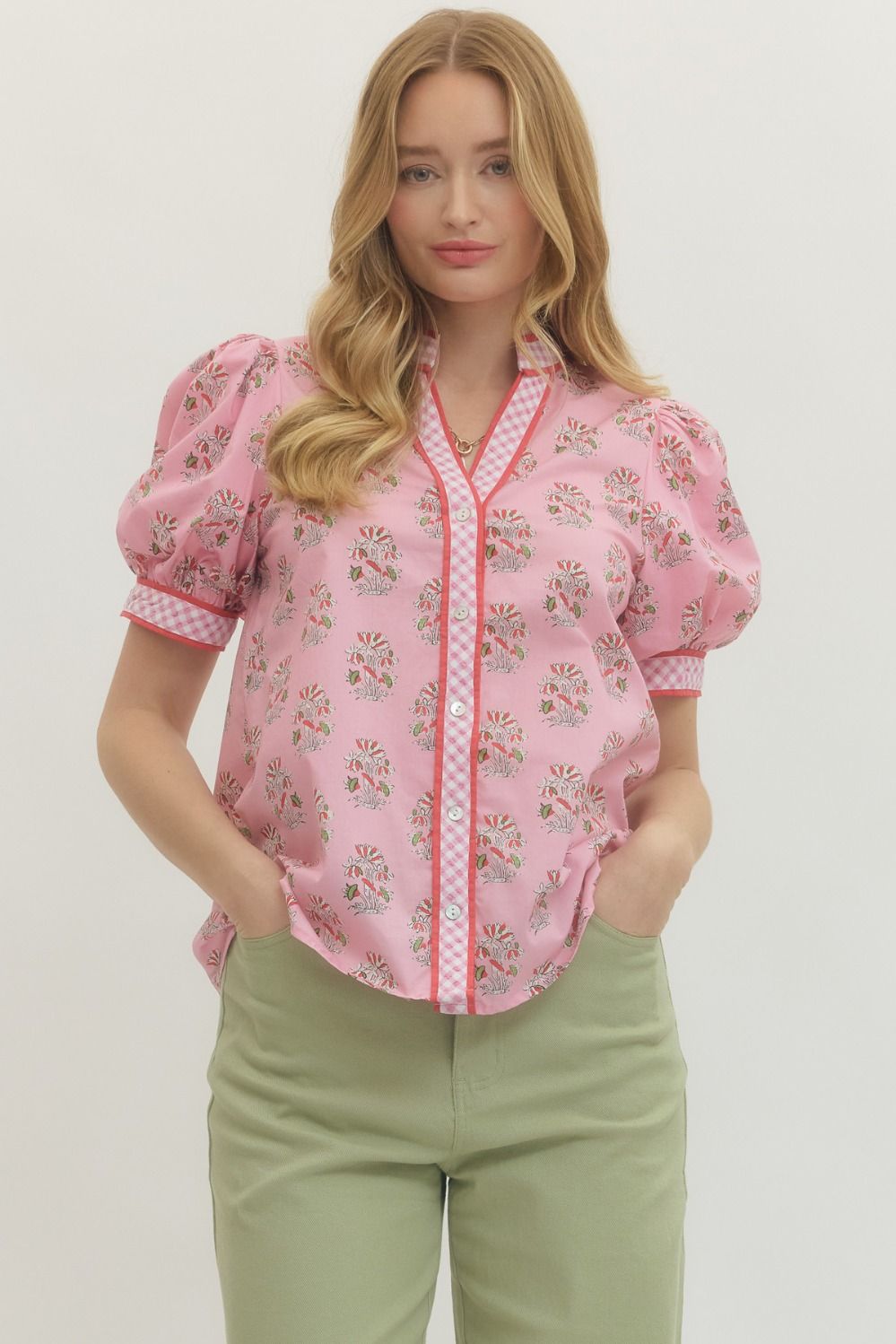 Entro Floral Puff Sleeve Top With Gingham Binding In Pink