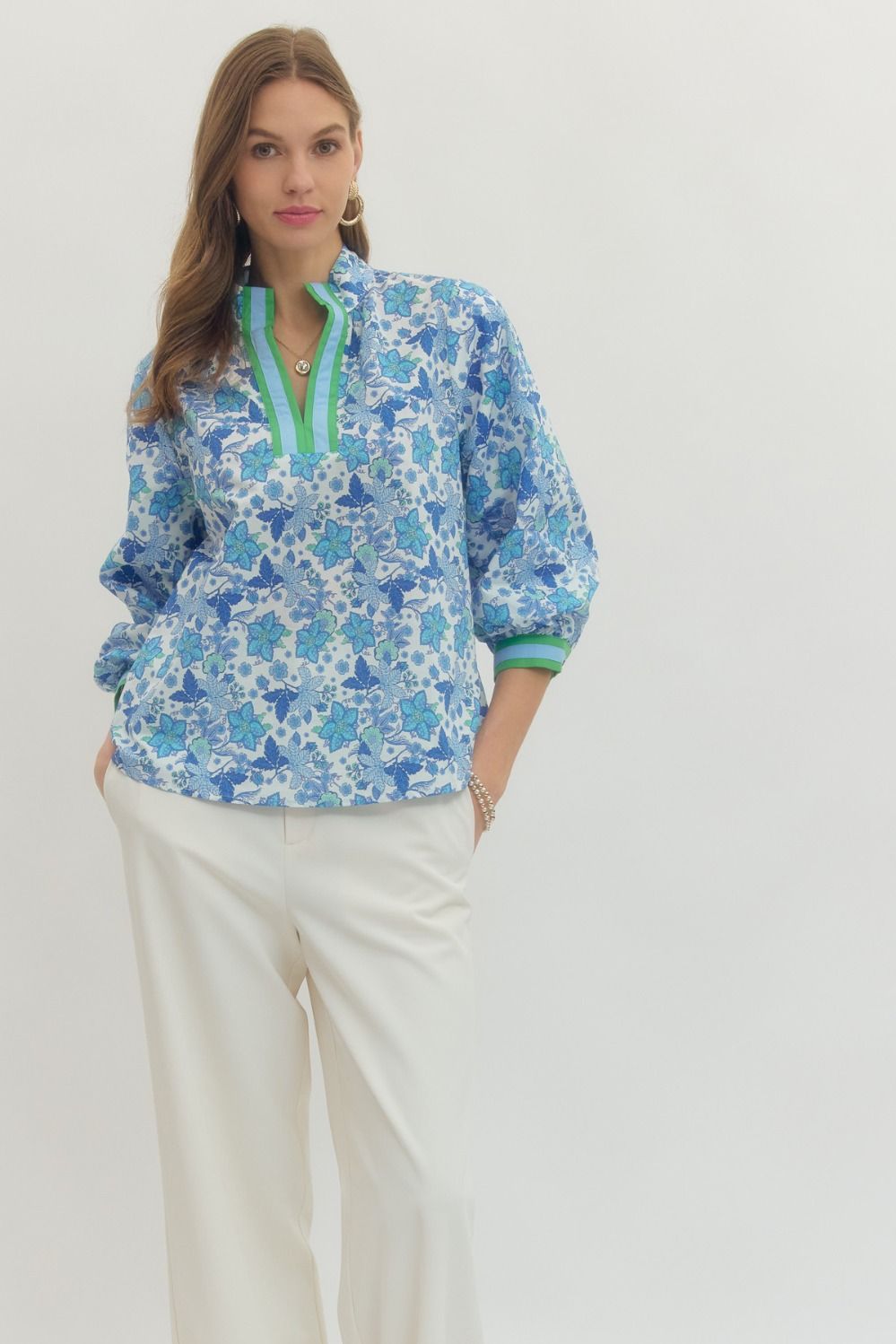 ENTRO Floral 3/4 Sleeve Top In Off White