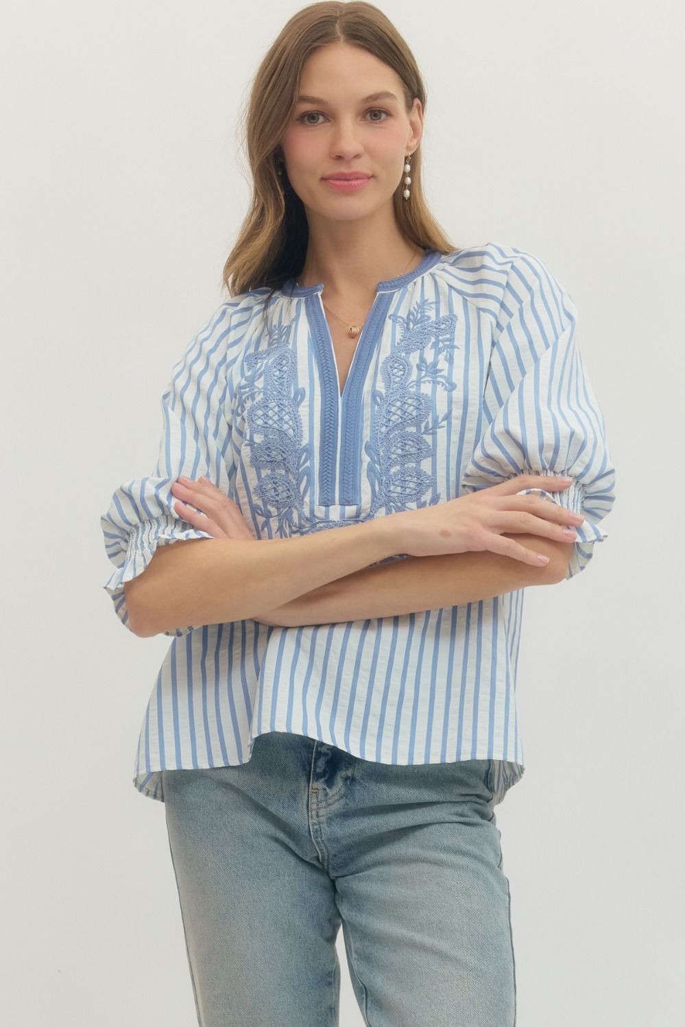 Entro Striped 3/4 Sleeve Top With Embroidered Panel In Blue *COMING SOON*