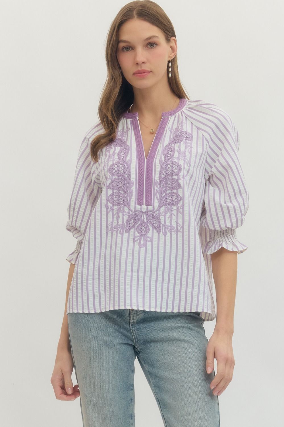 Entro Striped 3/4 Sleeve Top With Embroidered Panel In Lavender *COMING SOON*