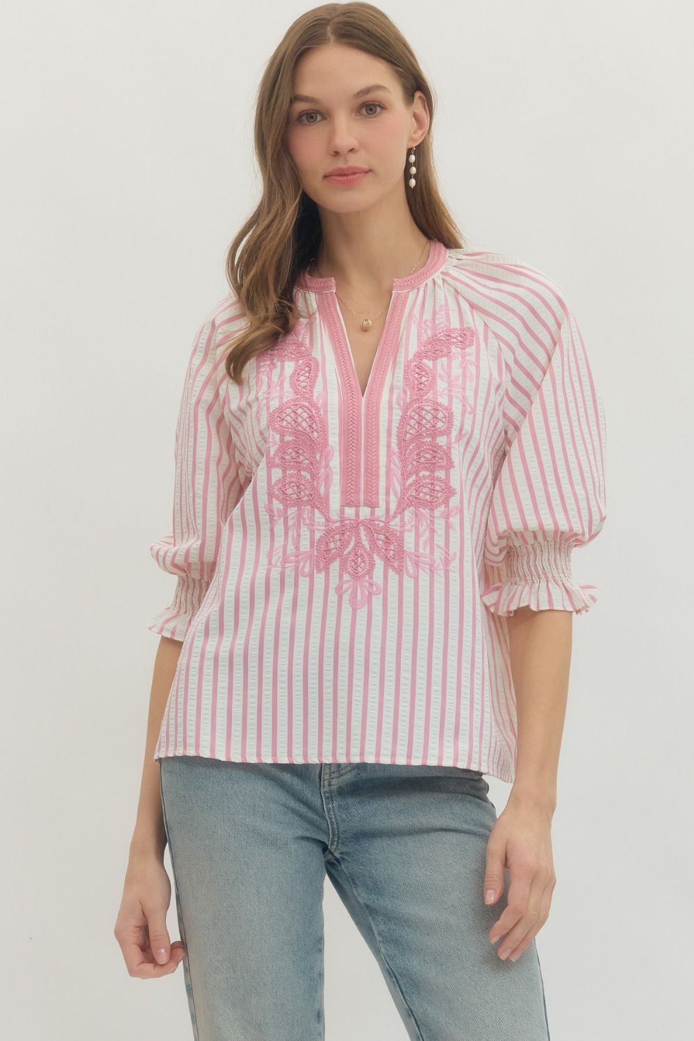 Entro Striped 3/4 Sleeve Top With Embroidered Panel In Pink *COMING SOON*