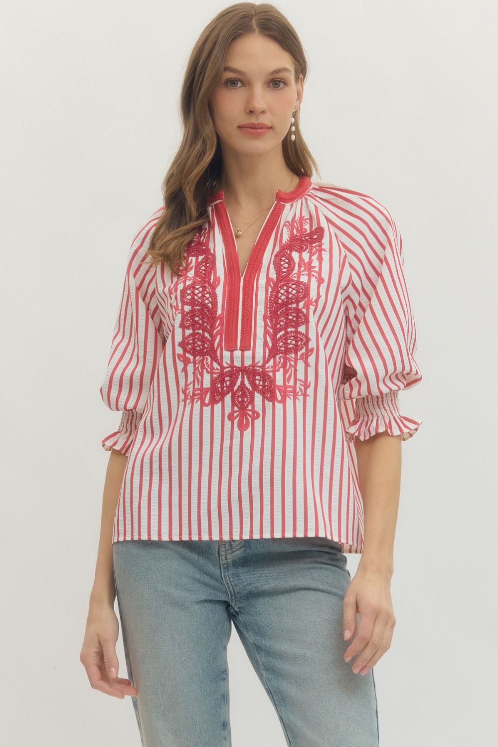 Entro Striped 3/4 Sleeve Top With Embroidered Panel In Red *COMING SOON*