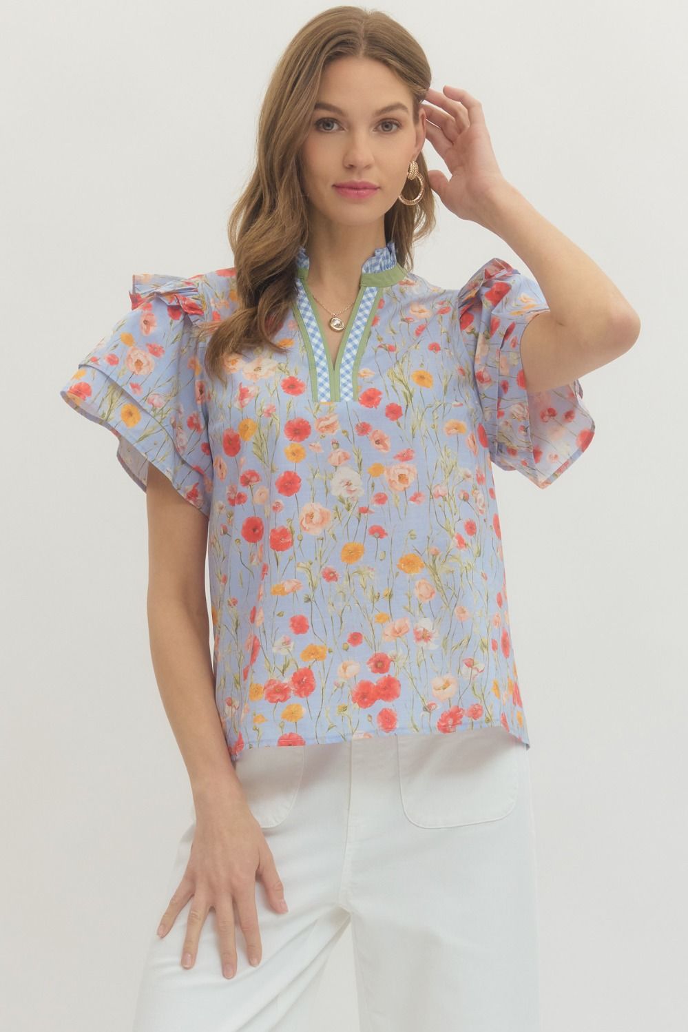ENTRO Floral Print Tiered Flutter Sleeve Top In Blue *COMING SOON*