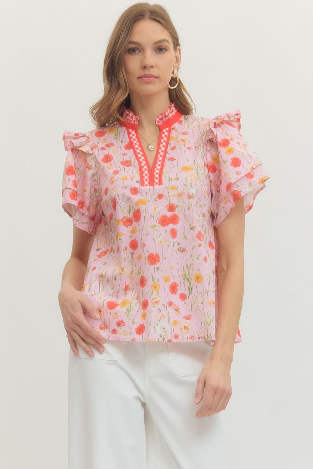 ENTRO Floral Print Tiered Flutter Sleeve Top In Pink *COMING SOON*