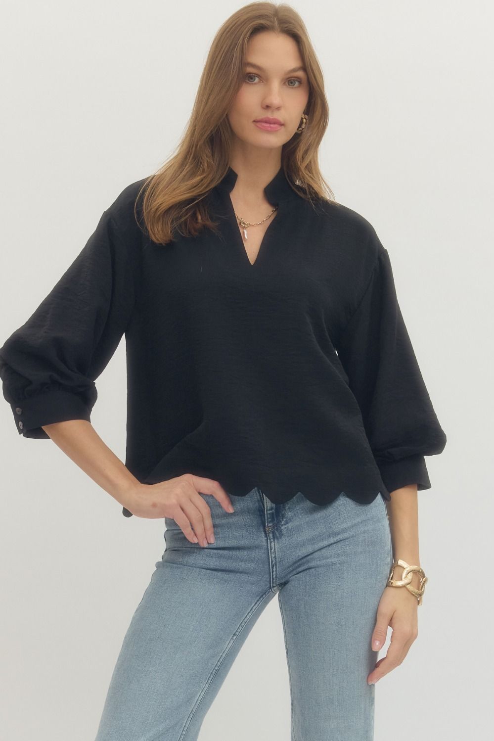 Entro Solid 3/4 Sleeve Top With Scalloped Hem In Black *COMING SOON*