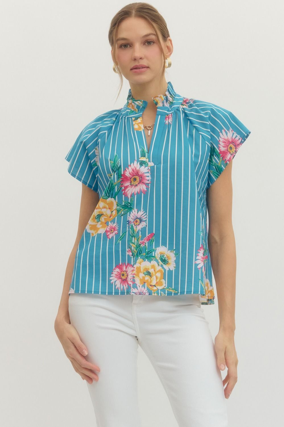 ENTRO Striped Floral Print Flutter Sleeve Top In Blue *COMING SOON*