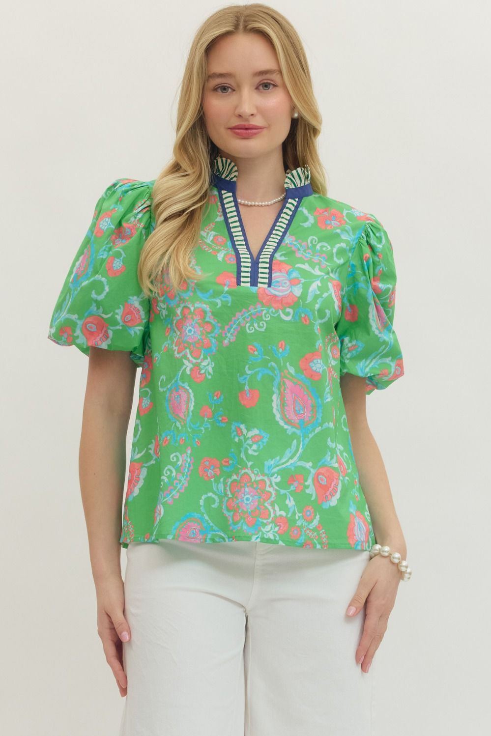 Entro Botanical Print Short Sleeve Top In Green