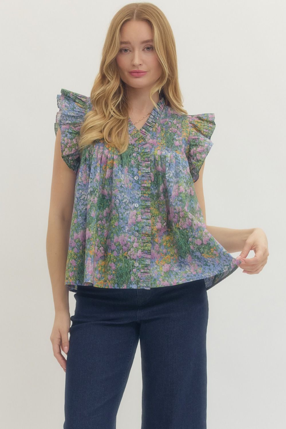 ENTRO Floral Flutter Sleeve Top With Ruffle Trim In Blue *COMING SOON*