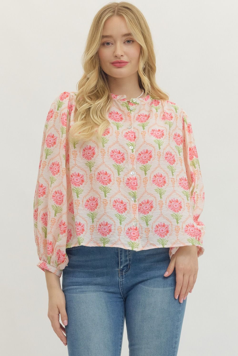 Entro Botanical Print Long Puff Sleeve Top In Cream Coral