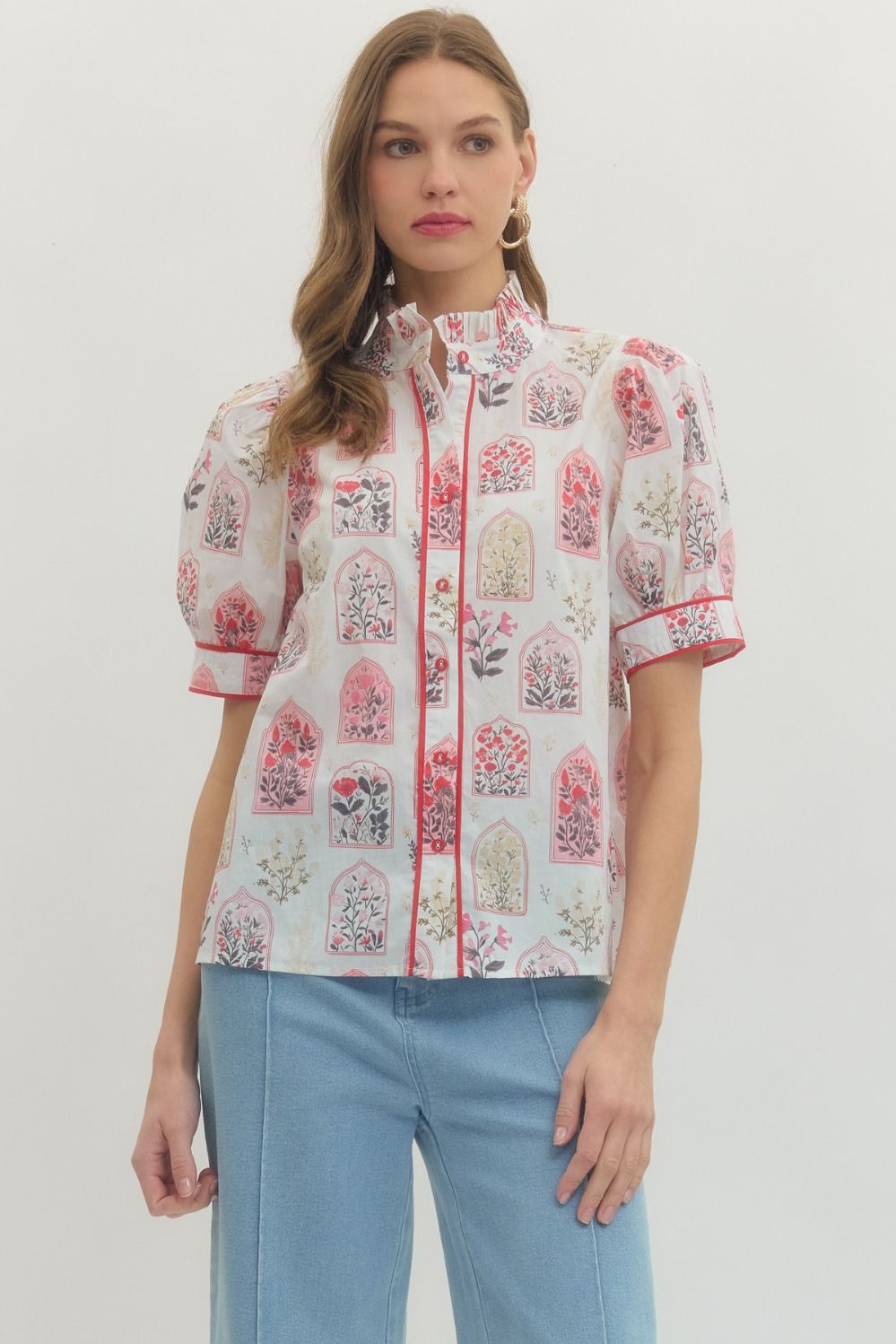 Entro Botanical Print Short Sleeve Puff Top In Pink *COMING SOON*