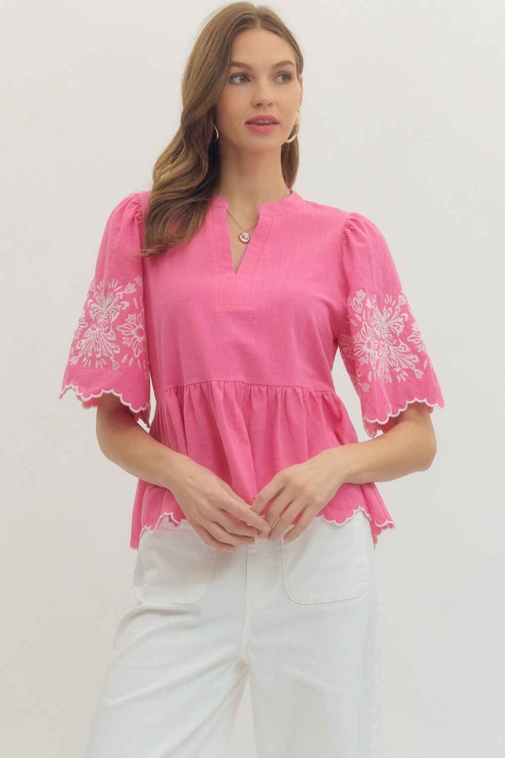 ENTRO Solid Top With Embroidered Sleeve Detail In Pink
