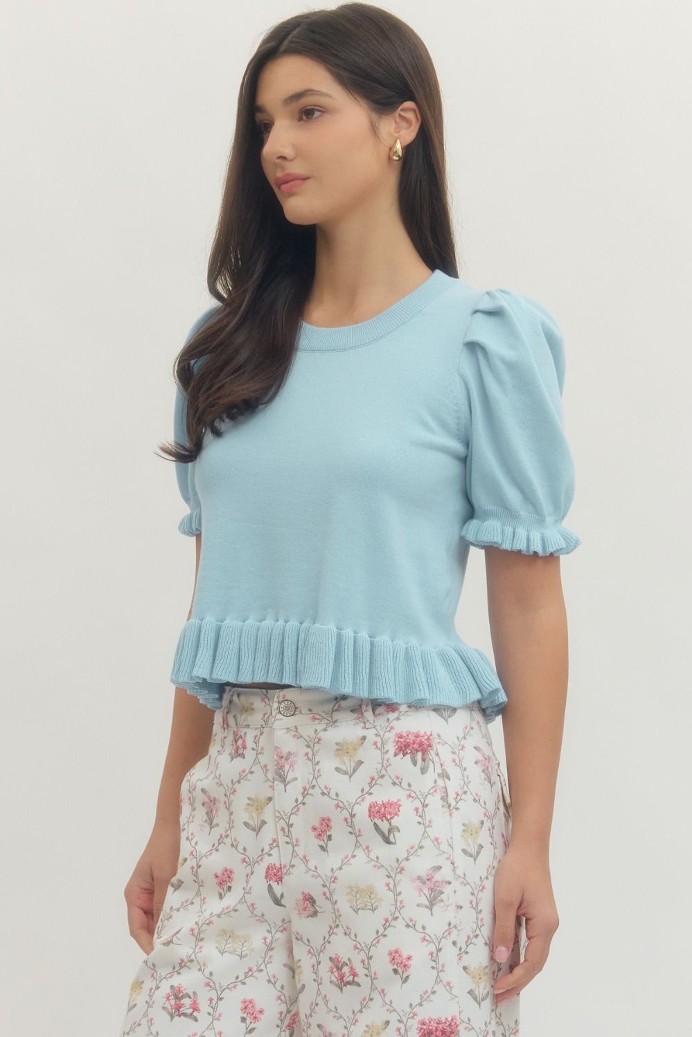 Entro Short Puff Sleeve Sweater Top With Ruffle Trim In Light Blue *COMING SOON*