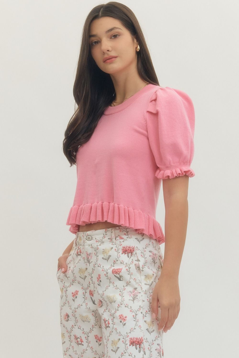 Entro Short Puff Sleeve Sweater Top With Ruffle Trim In Light Pink *COMING SOON*