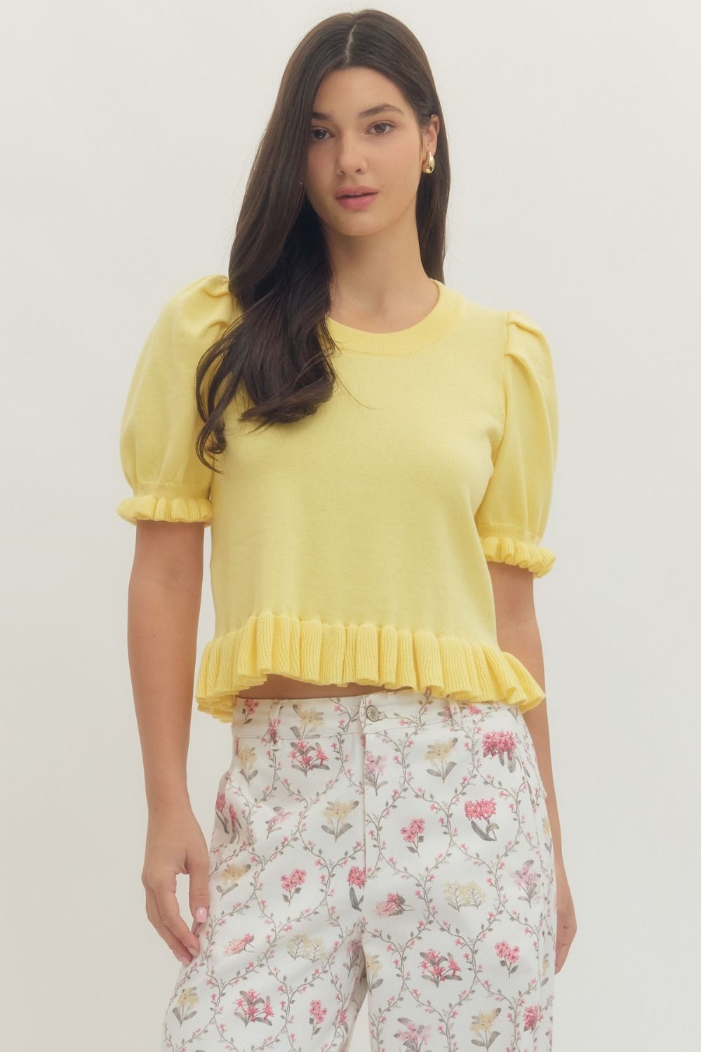Entro Short Puff Sleeve Sweater Top With Ruffle Trim In Yellow *COMING SOON*
