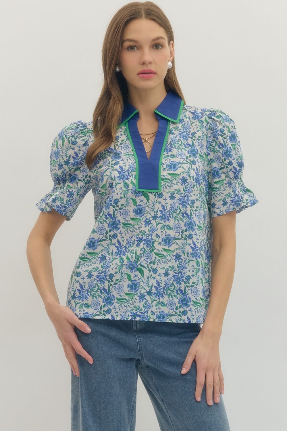 ENTRO Floral Print Puff Sleeve With V Neck In Blue *COMING SOON*