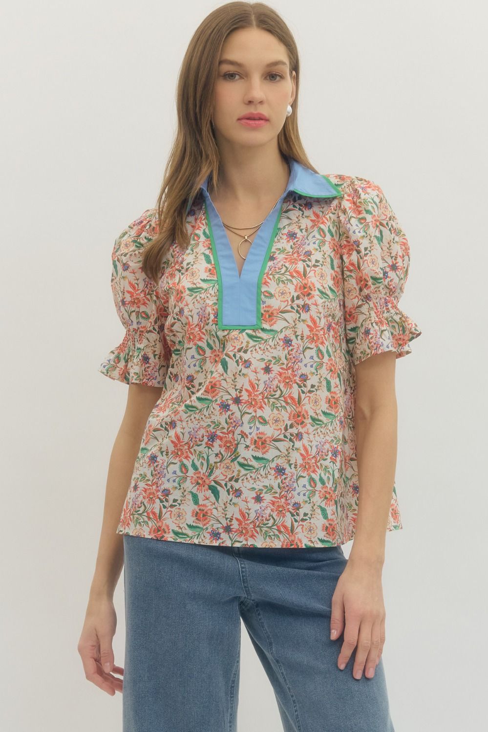 ENTRO Floral Print Puff Sleeve With V Neck In Orange *COMING SOON*