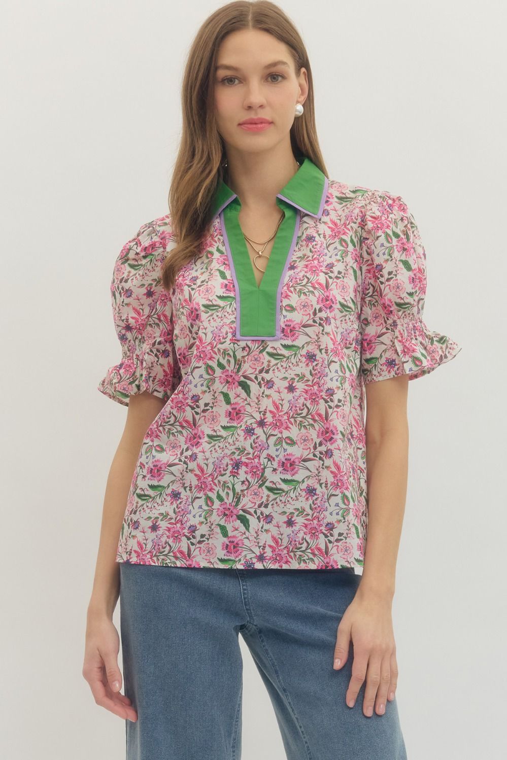 ENTRO Floral Print Puff Sleeve With V Neck In Pink *COMING SOON*
