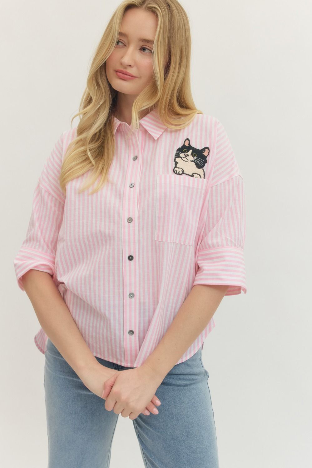 ENTRO Striped Top With Embroidered Cat Detail In Pink