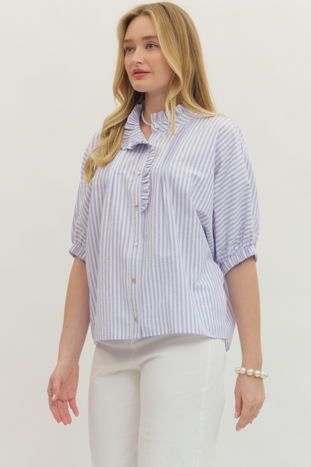 ENTRO Striped Short Sleeve Dolman Top Featuring Ruffle Trim Button Placket In Lavender