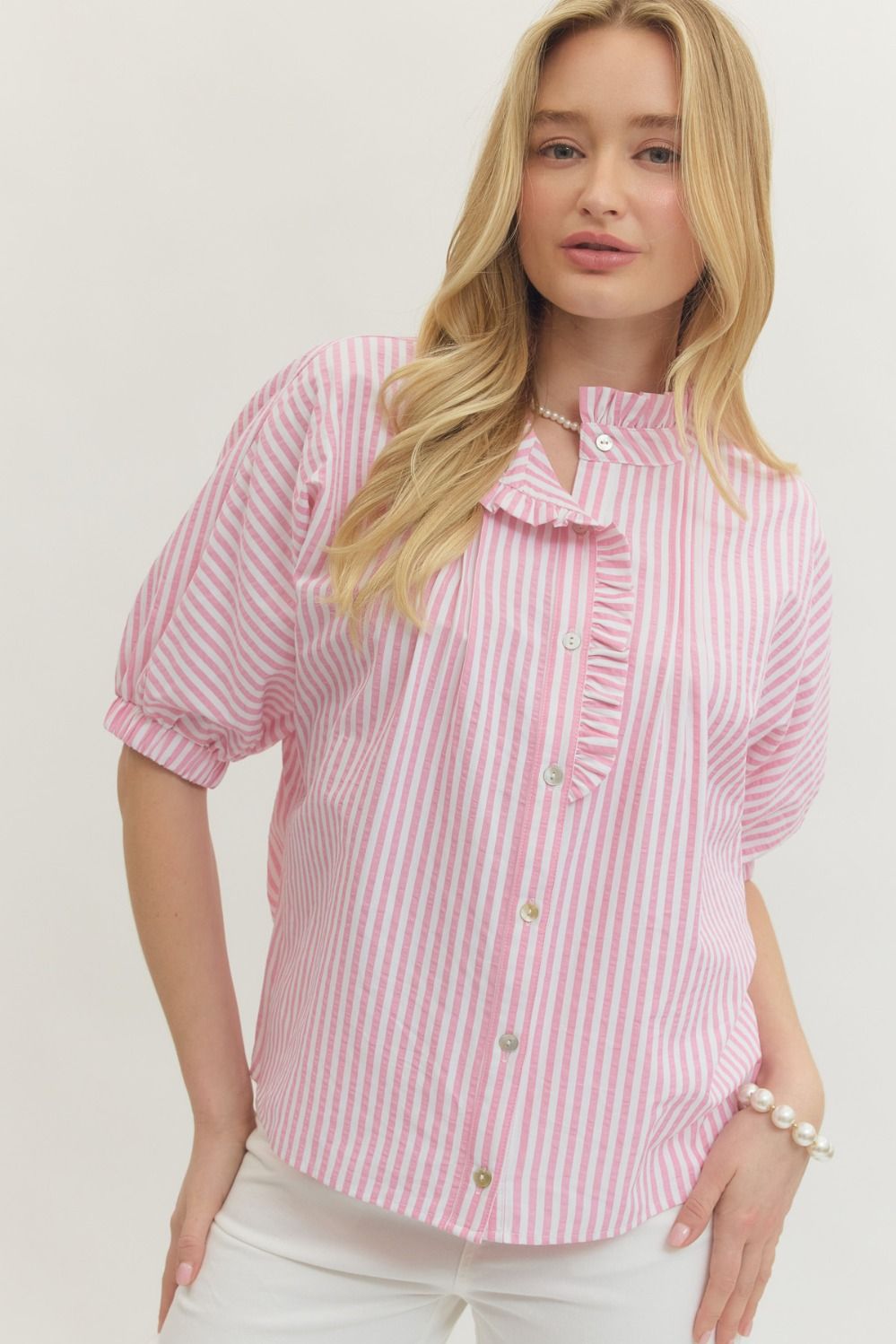 ENTRO Striped Short Sleeve Dolman Top Featuring Ruffle Trim Button Placket In Pink