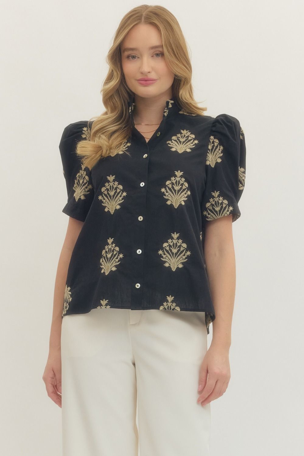 Entro Embroidered Short Sleeve Puff Top In Black *COMING SOON*