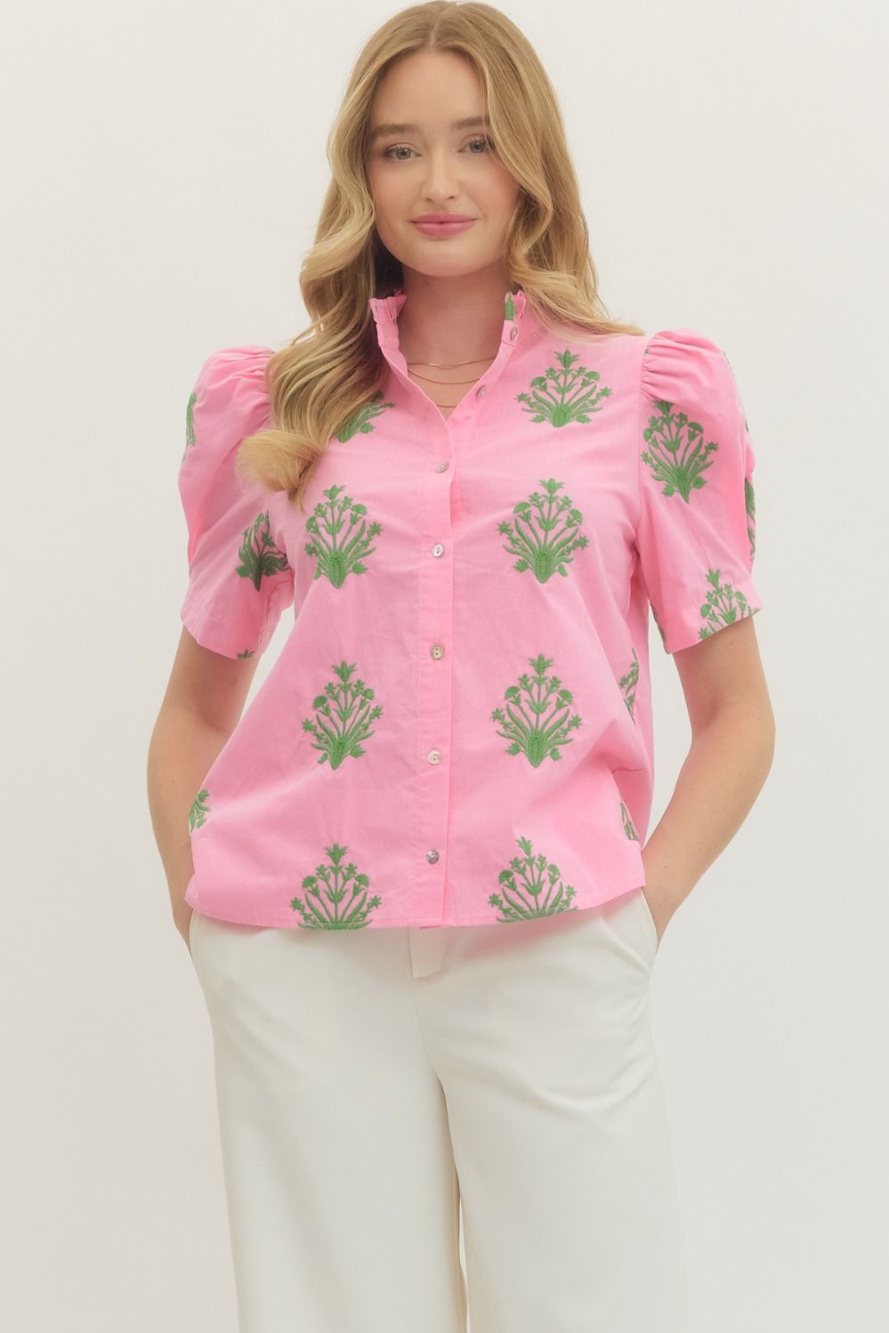 ENTRO Embroidered Short Puff Sleeve Top In Pink
