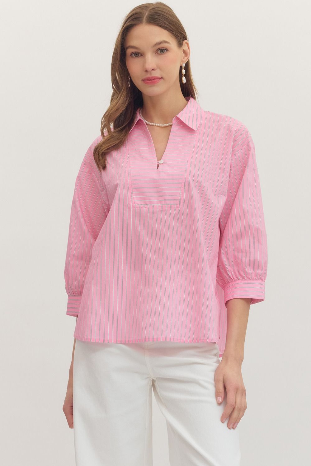 ENTRO Mini Stripe 3/4 Sleeve Top In Pink