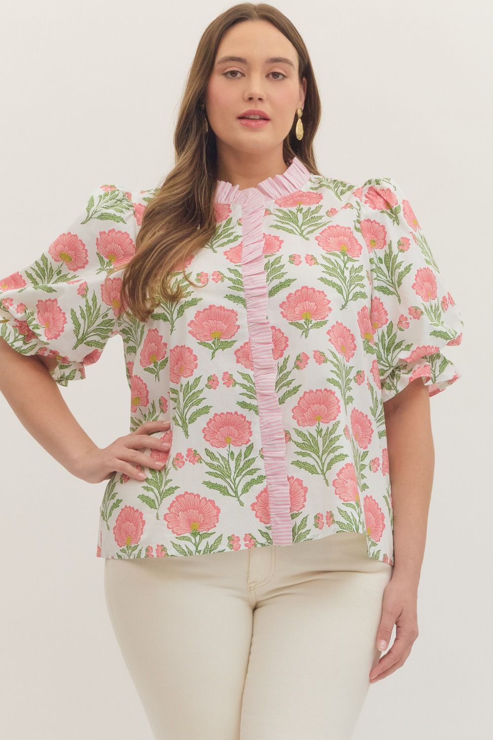 ENTRO Floral Print Short Puff Sleeve Top In Ivory
