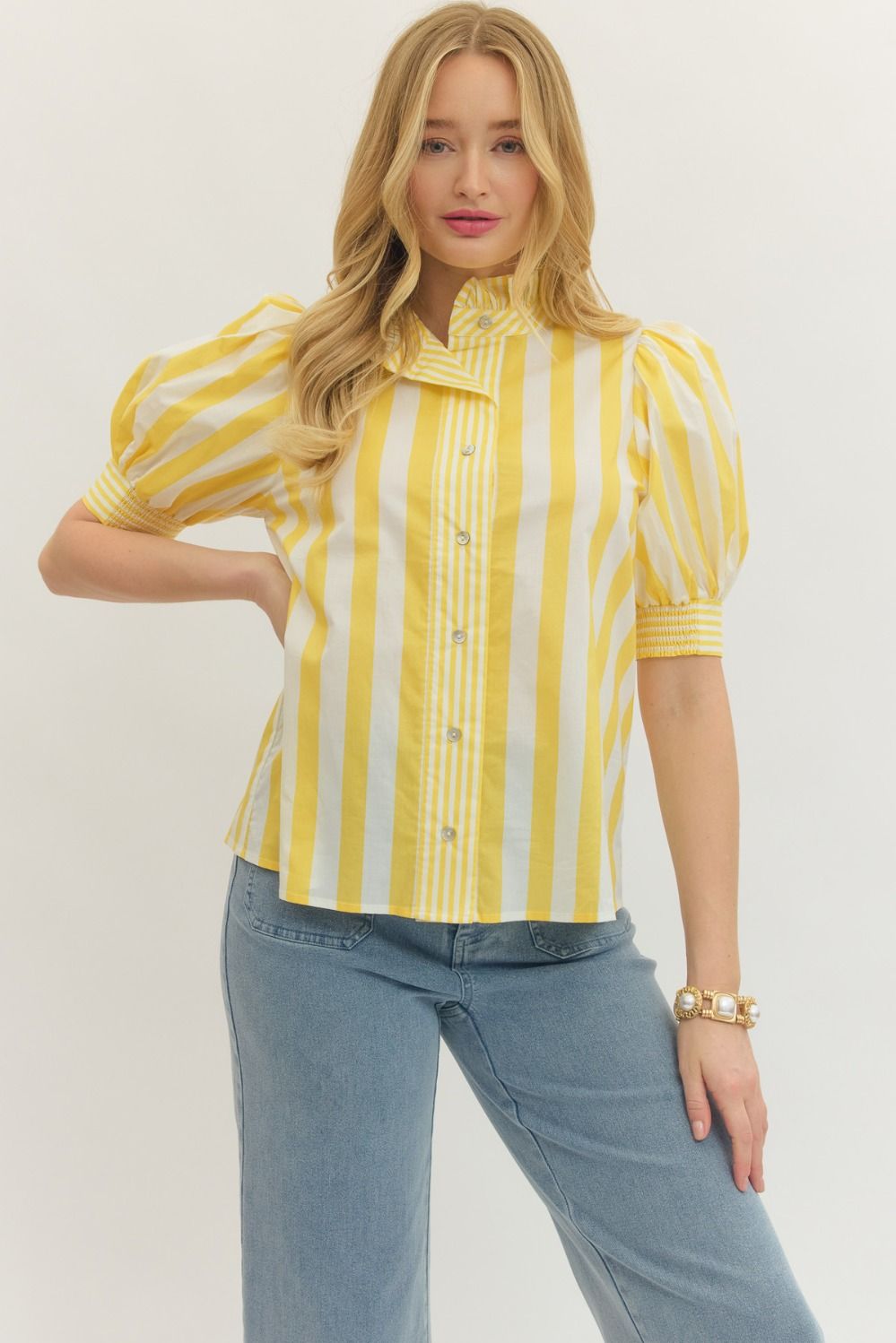 Entro Striped Print Short Sleeve Puff Top In Gold *COMING SOON*