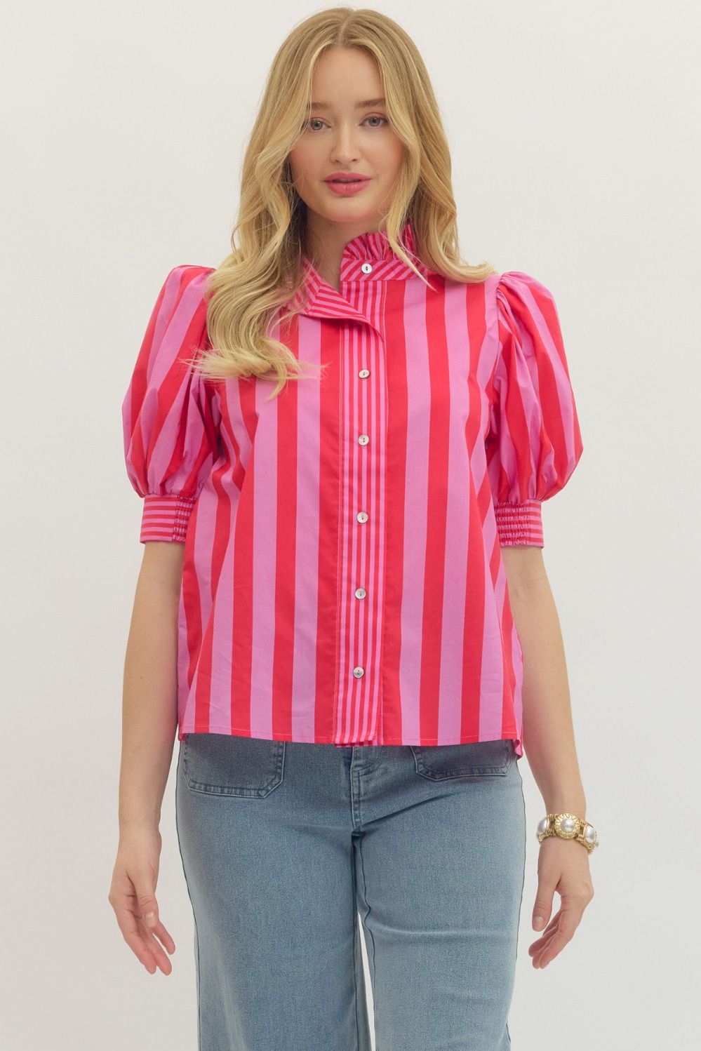 ENTRO Striped Print Short Sleeve Puff Top In Red Pink