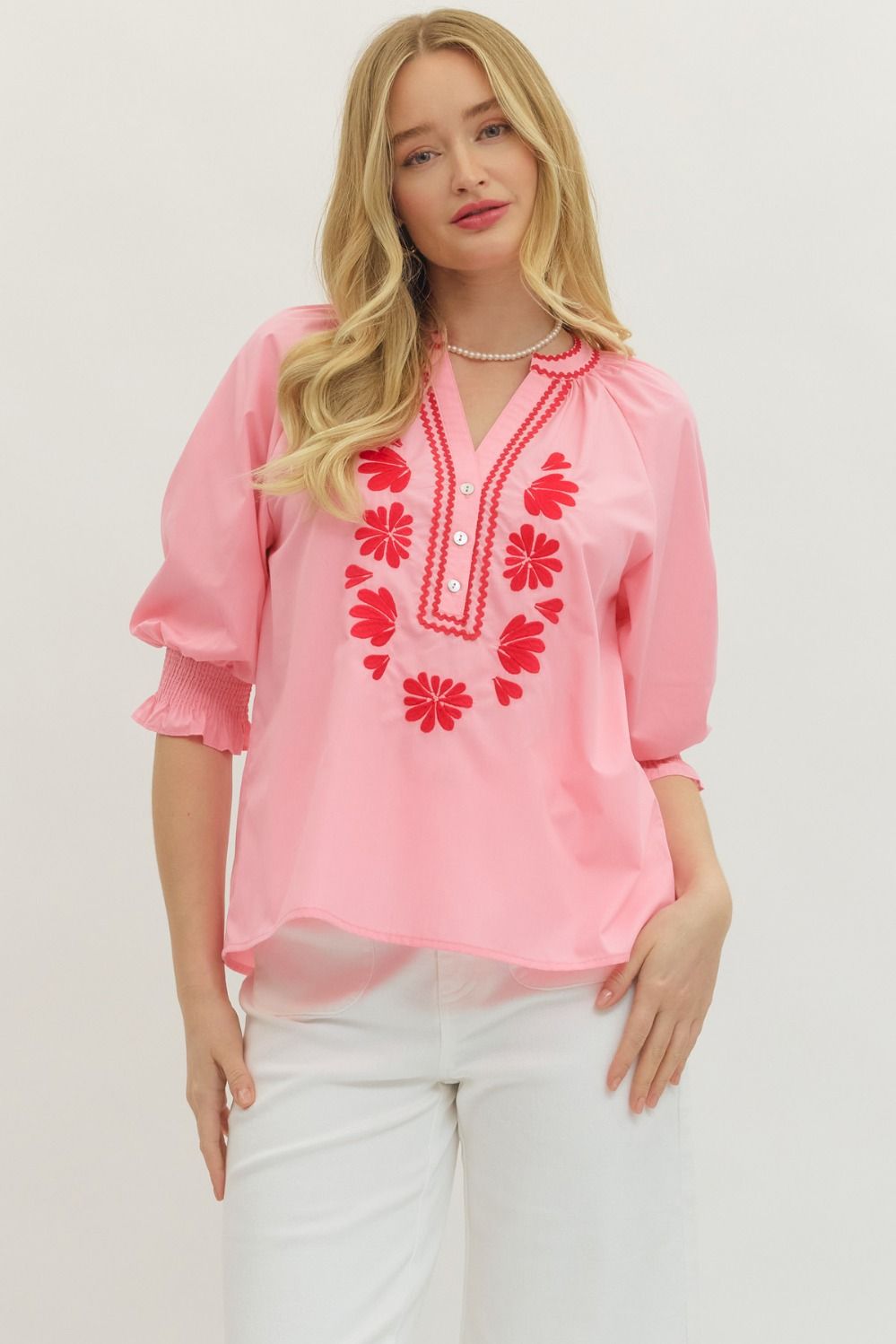 ENTRO Solid Top With Embroidered Neckline In Baby Pink