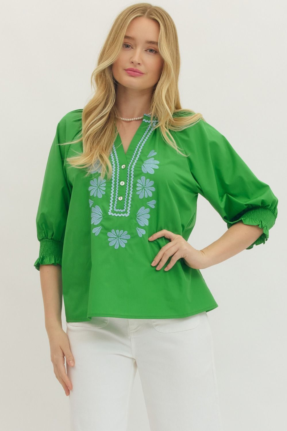 ENTRO Solid Top With Embroidered Neckline In Green