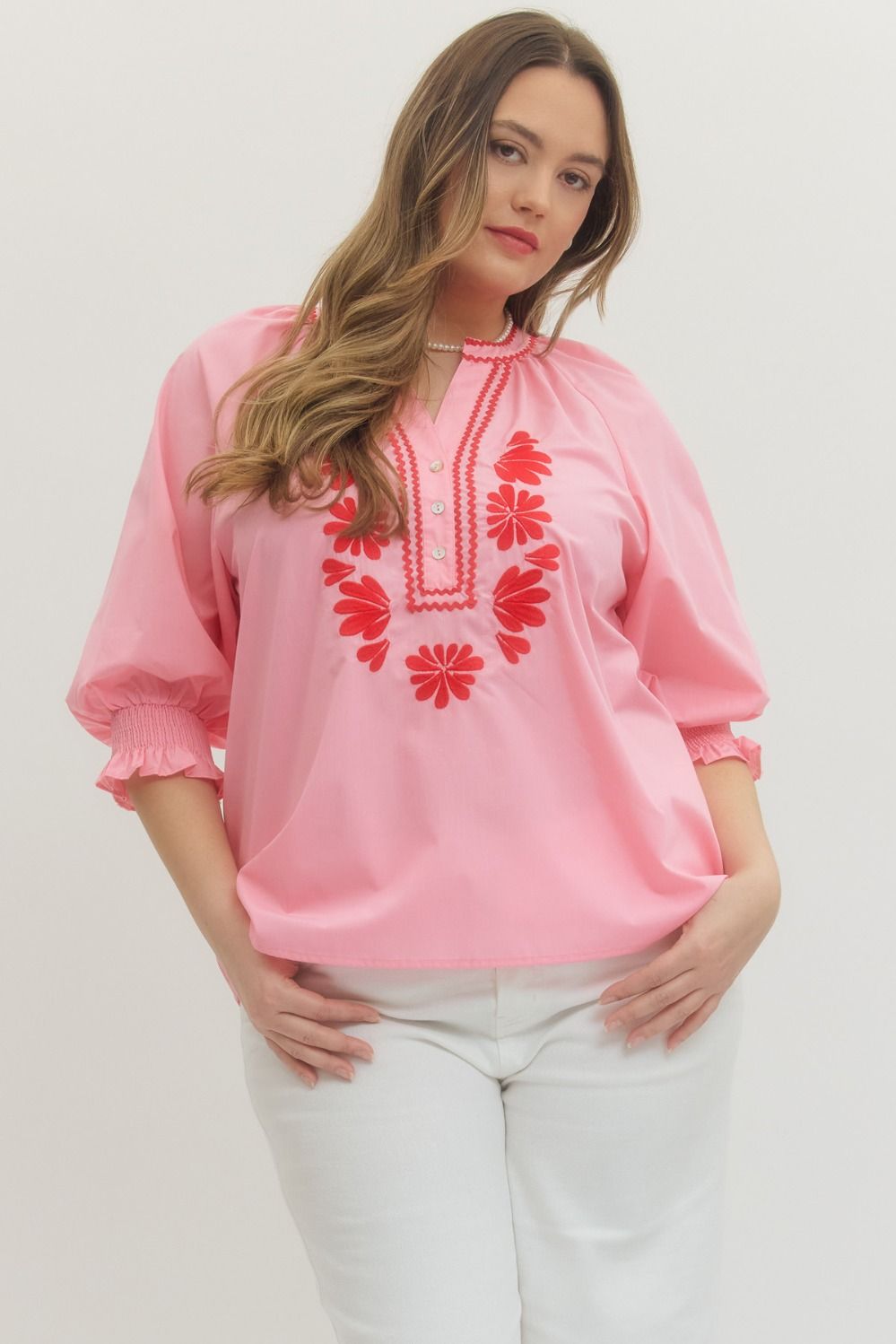 Entro Solid Top With Embroidered Neckline In Baby Pink PLUS Size